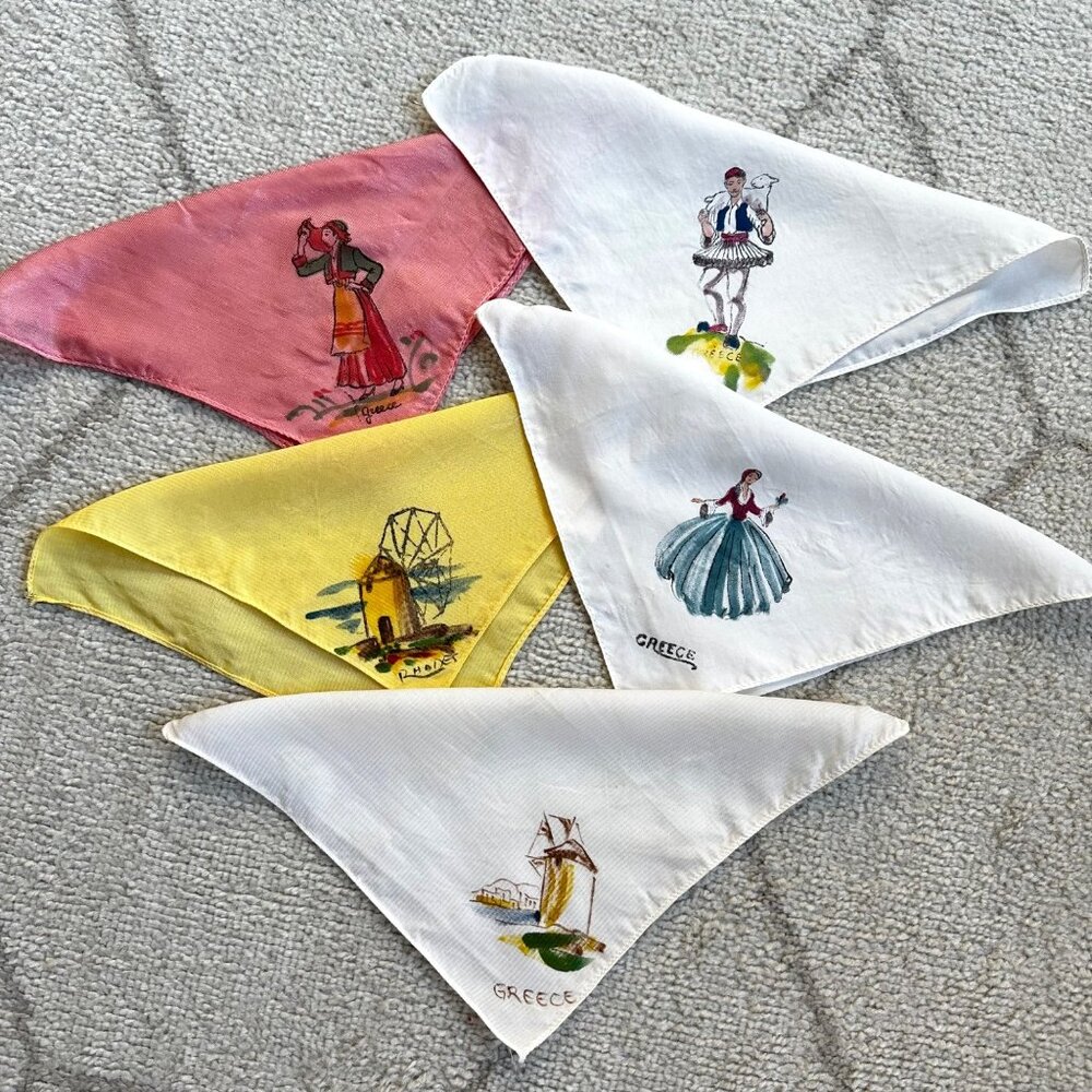 Vintage 60s Silk Hand-Painted Handkerchiefs from Greece Greek Figures Tableau
